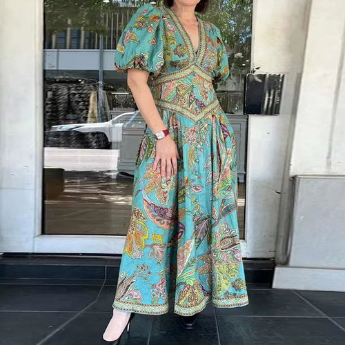 Timeless Grace: Vintage Lantern Sleeve V Neck Maxi Dress