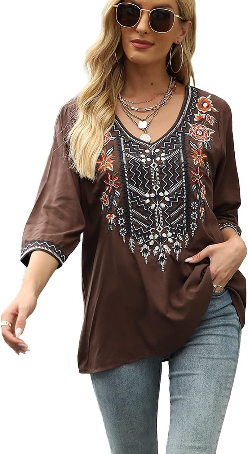 Women'S Boho Embroidered Peasant Tops 3/4 Sleeve V Neck Mexican Bohemian Shirts Tunics Blouses